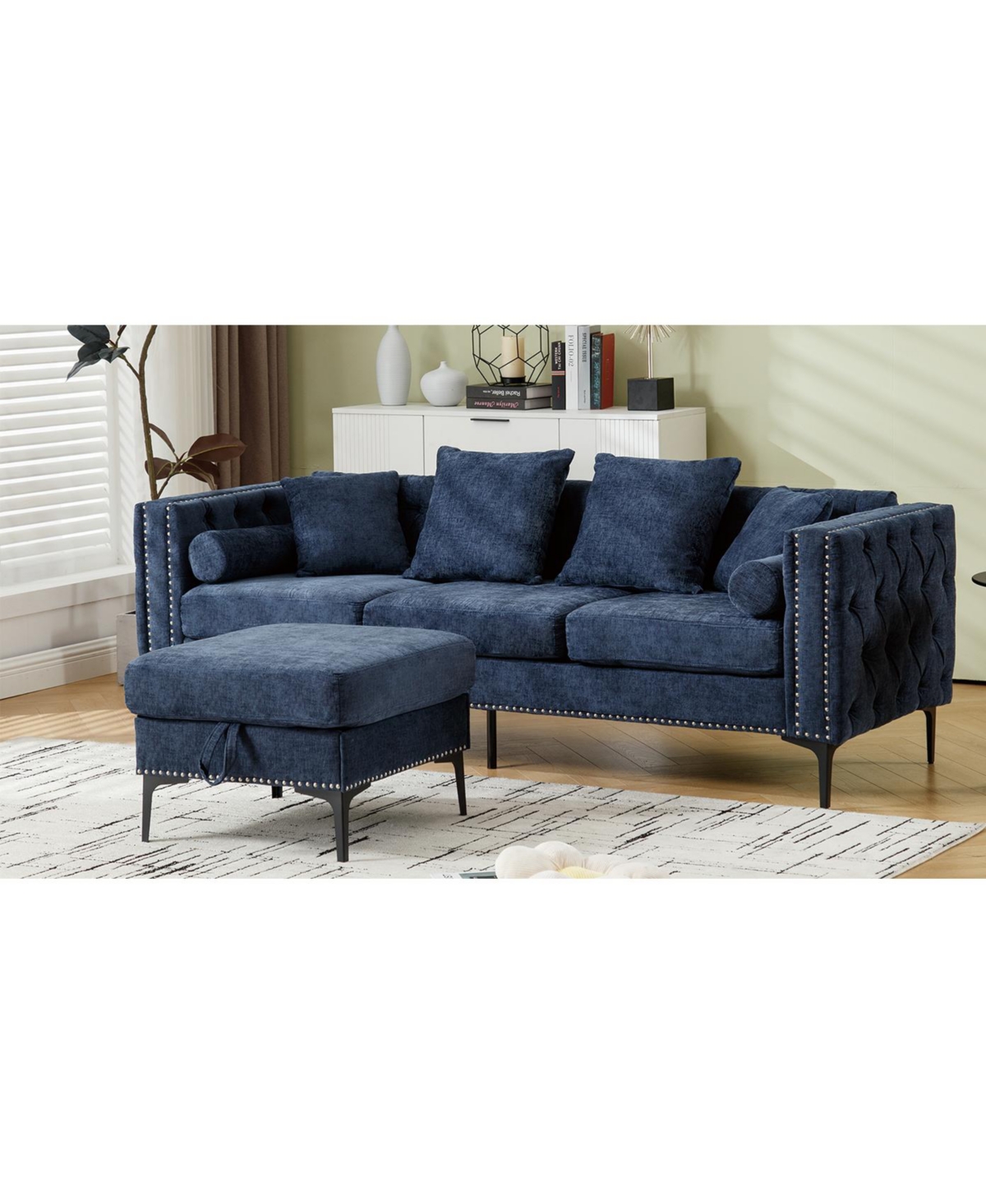 Streamdale Furniture Blue Chenille L-Sectional Sofa with Storage Ottoman