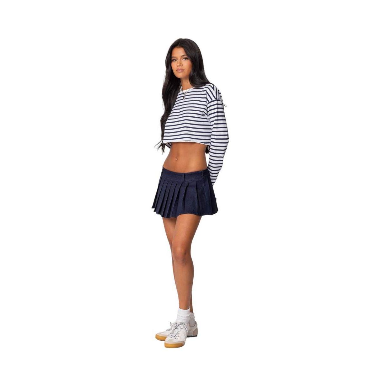 Edikted Women's Stripey Cropped Long Sleeve T Shirt - Navy-and-white