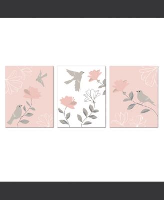 Petals Pink/Gray/White Floral/Birds 11 by 14 Unframed Wall Art 3pc