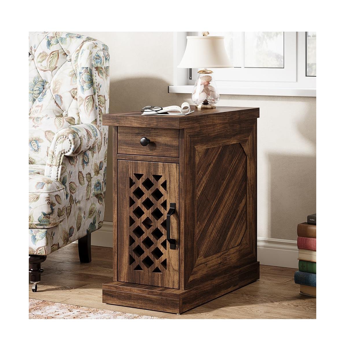 Tribesigns End Table, Narrow Side Table with Drawer and Cabinet, Farmhouse Nightstand End Table for Space, Living Room, Bedroom, Vintage