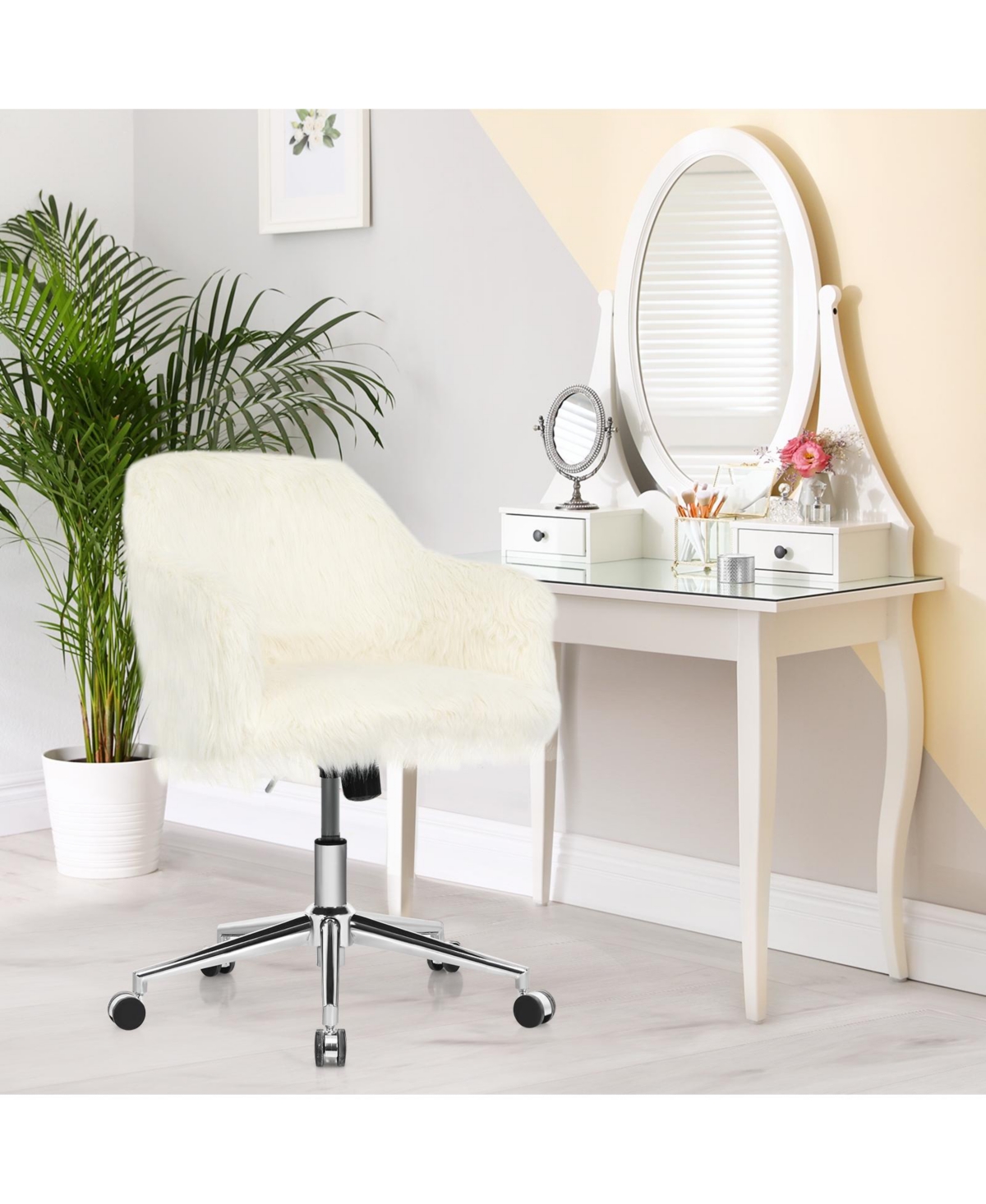 Vebreda Modern Fluffy Faux Fur Vanity Office Chair for Teens Girls-Beige