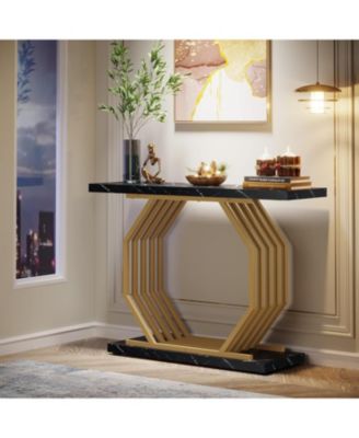 Gold Console Table, Faux Marble Entryway Narrow Sofa Table with Geometric Metal Base, 40 Inch Modern Accent Entrance Table