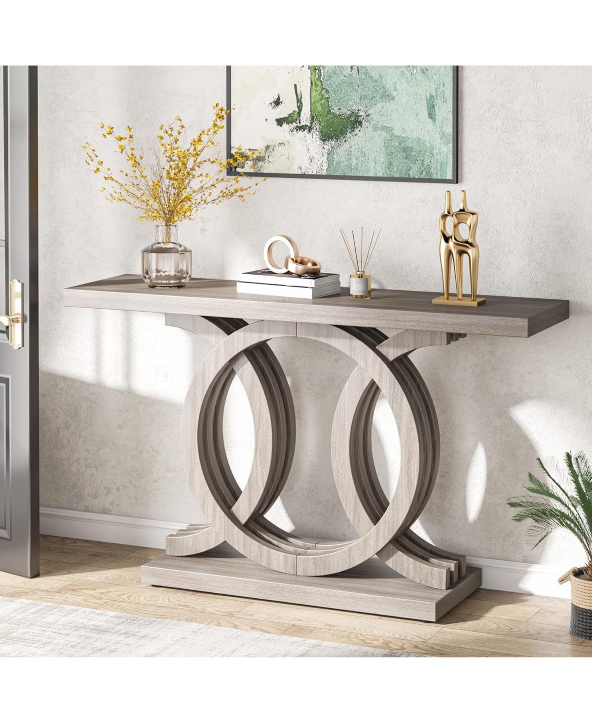 Tribesigns 55 inches Console Table with Geometric Base, Farmhouse Hallway Table, Wooden Entryway Vintage Sofa Unique Long Accent