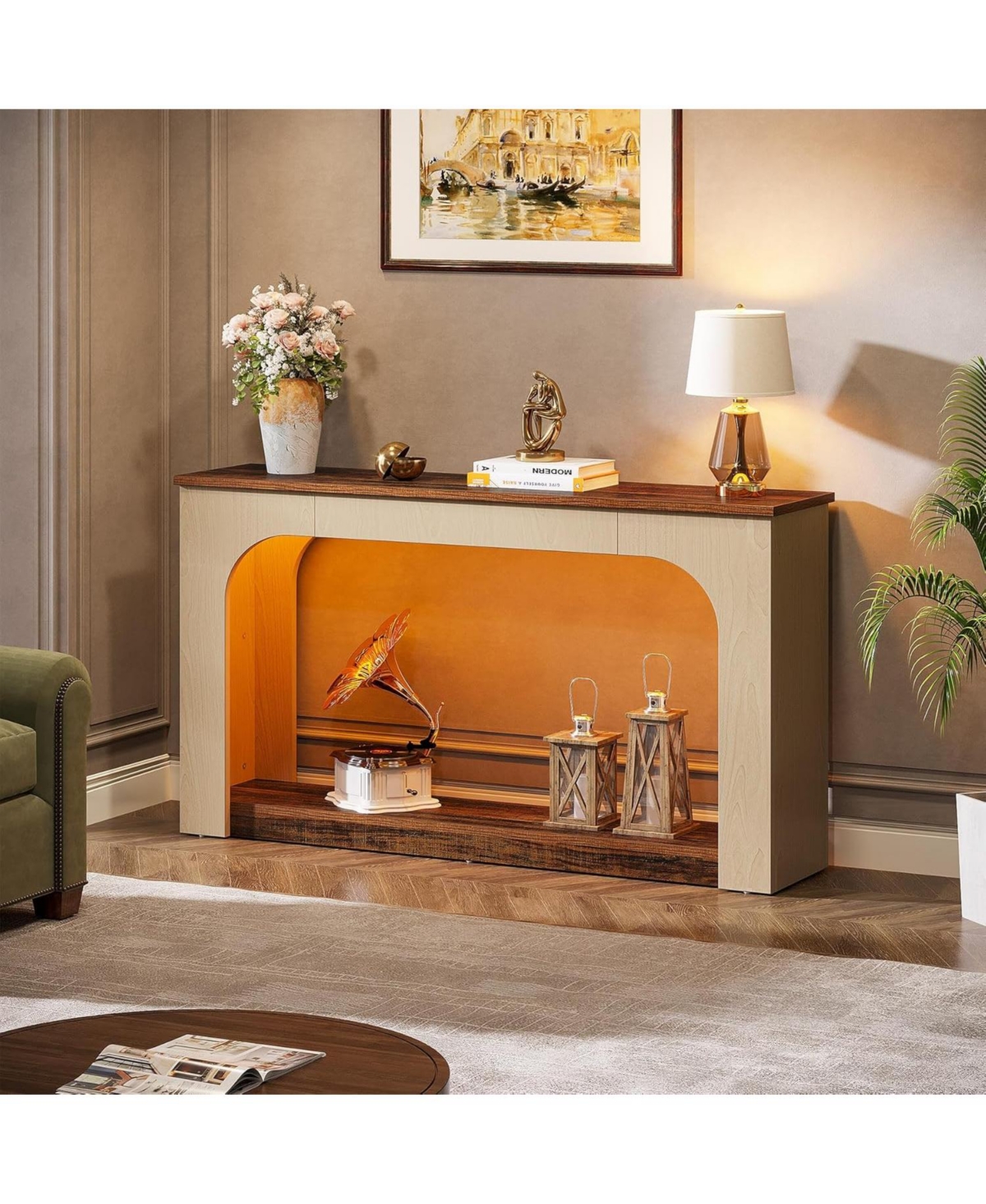 Tribesigns 55-Inch Console Table with Led Lights, Farmhouse 2-Tier Narrow Sofa Table with Storage, Wood Foyer Entryway Behind Couch Table for Living R