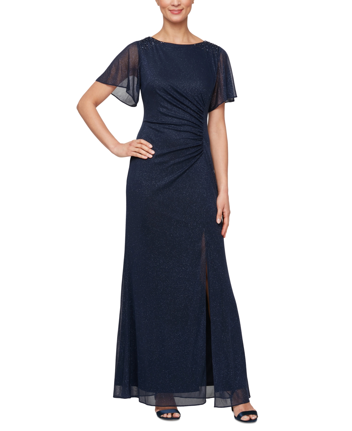 Women's Round-Neck Flutter-Sleeve Gown - Blush