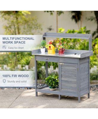 Outdoor Potting Table with Storage and Steel Top, Gray