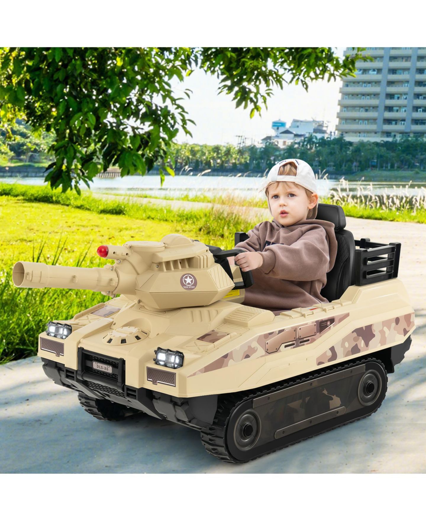 Детские игрушки SUGIFT 12V Electric Ride-On Tank with Rotatable Turret and 8 Missiles, 66-lb Capacity, Ages 3-7, цвет: Бежевый / Хаки — фото 3