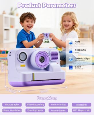 Kids Instant Print Camera 48MP with 16X Digital Zoom, 1080P HD Video, Bluetooth, Dual Lens, 2.4" Screen - Includes 32GB SD Card & 3 Print Rolls
