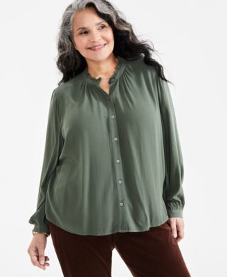 Style & Co - Plus Size Pleated Mandarin-Collar Blouse