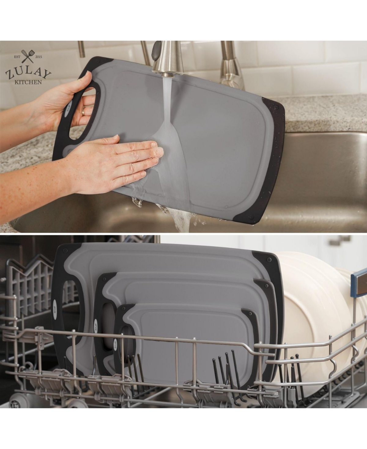 Zulay Kitchen Non Slip Kitchen Cutting Board With Juice Groove - Grey and Black