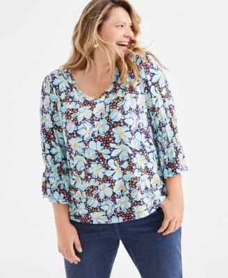 Style & Co - Plus Size Printed Smocked-Trim 3/4-Sleeve Top
