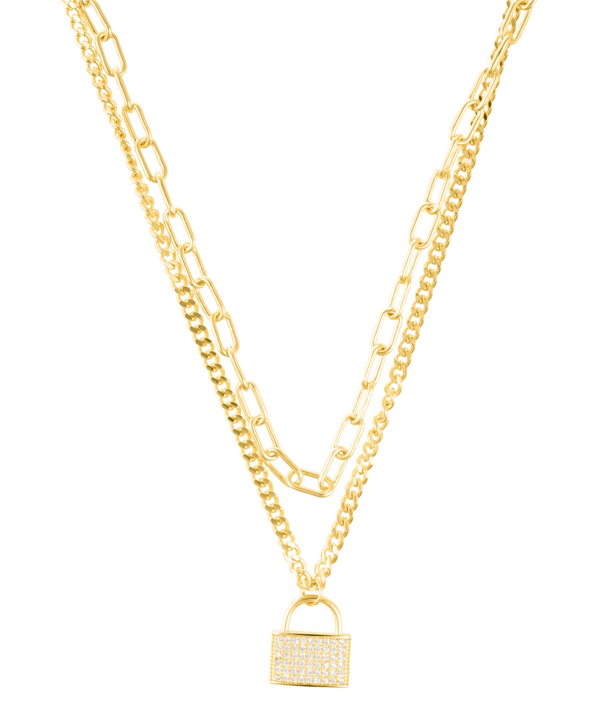 Adornia 14k Gold Plated Adjustable Layered Chain Crystal Lock Necklace In Gold