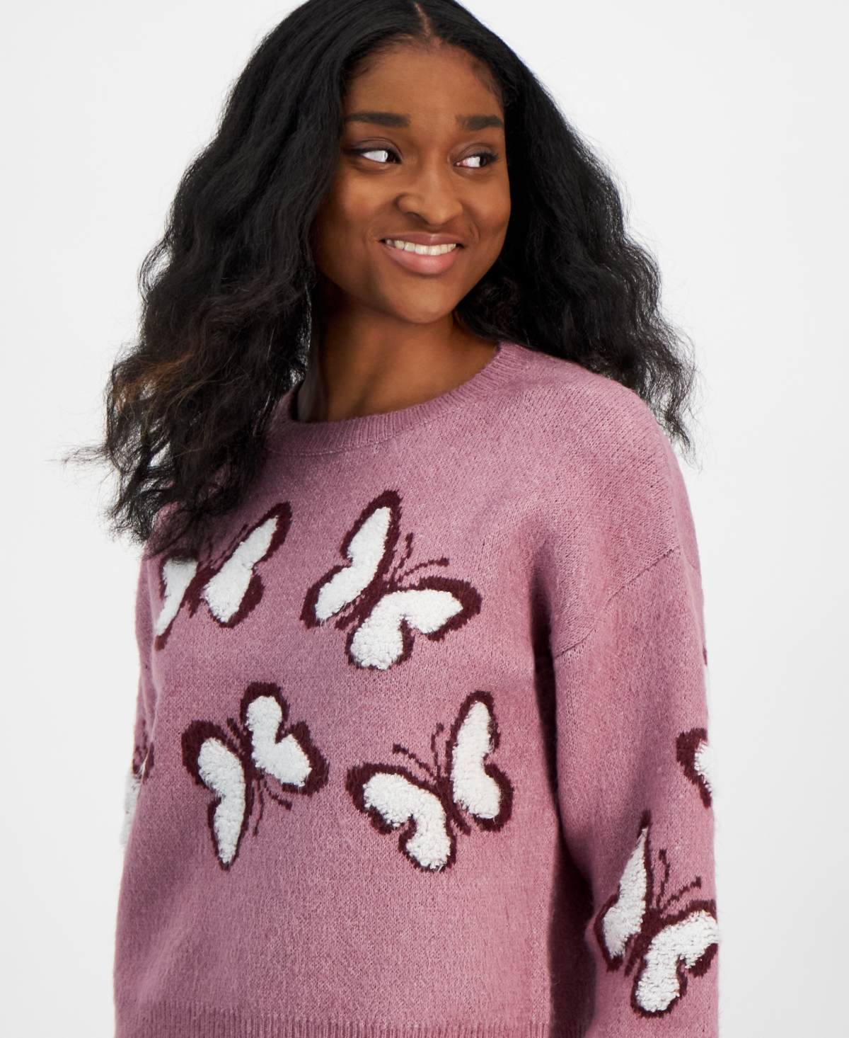 Hooked Up By Iot Juniors' "it Girl" Crewneck Sweater In Valerian Butterfly