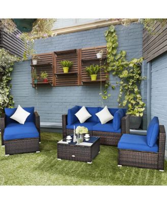 6PCS Patio Rattan Furniture Set Sectional Cushion Sofa Coffee Table Ottoman