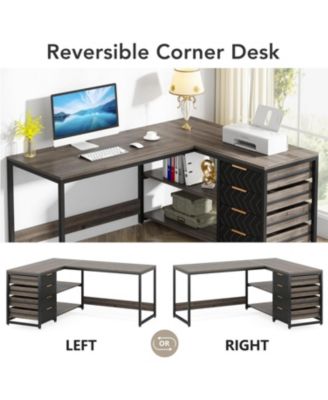L Shaped Computer Desk with Storage Drawers, 59 inch Corner Desk with Shelves, Reversible L-Shaped Office Desk Writing Table Workstation for Home Office, Grey