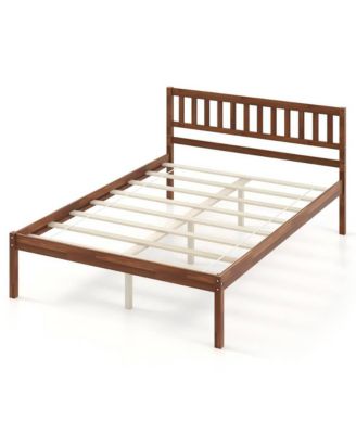 Wood Platform Bed Frame with Upholstered Headboard and Slat Support