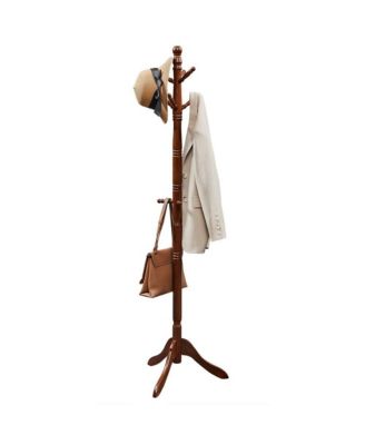 Coat Rack With 10 Hooks, Rubber Wood Coat Tree Free Standing, For Clothes, Hats, Handbags, Umbrella