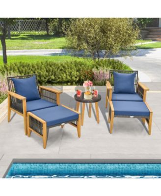 5 Piece Patio Furniture Set with Coffee Table and 2 Ottomans-Navy