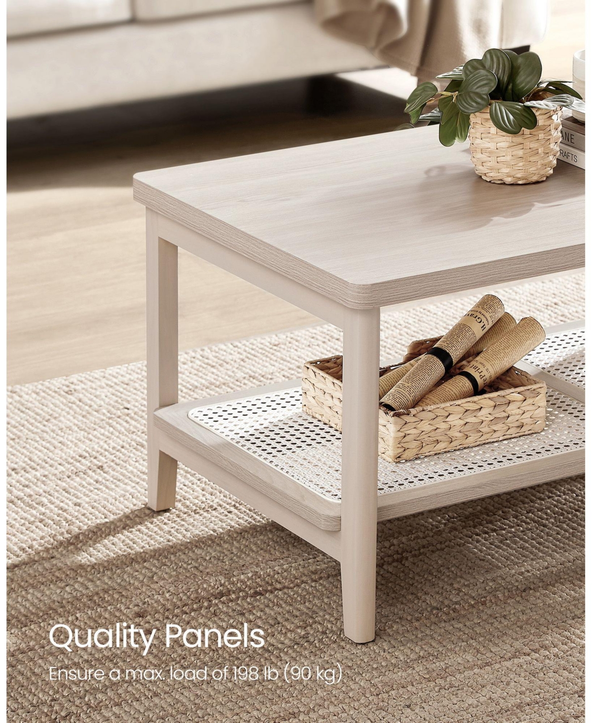 Slickblue 2-Tier Coffee Table for Living Room, with Pvc Rattan Storage Shelf, Rounded Corners