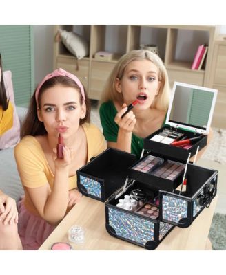 Rolling Makeup Train Case 3-Piece Cosmetic Organizer Kit Trolley Organizer Travel Case Lockable with Wheels, Mermaid Silver