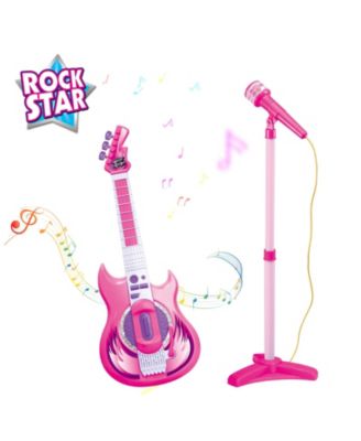 Pink Kids Guitar and Microphone Set - Adjustable Stand, Musical Toy