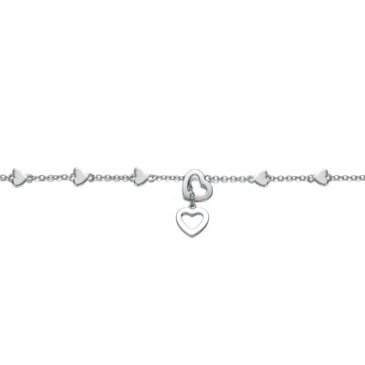 White Gold Plated or 14K Gold Plated Double Halo Heart Dangle Charm Station Bracelet, Adjustable in Length