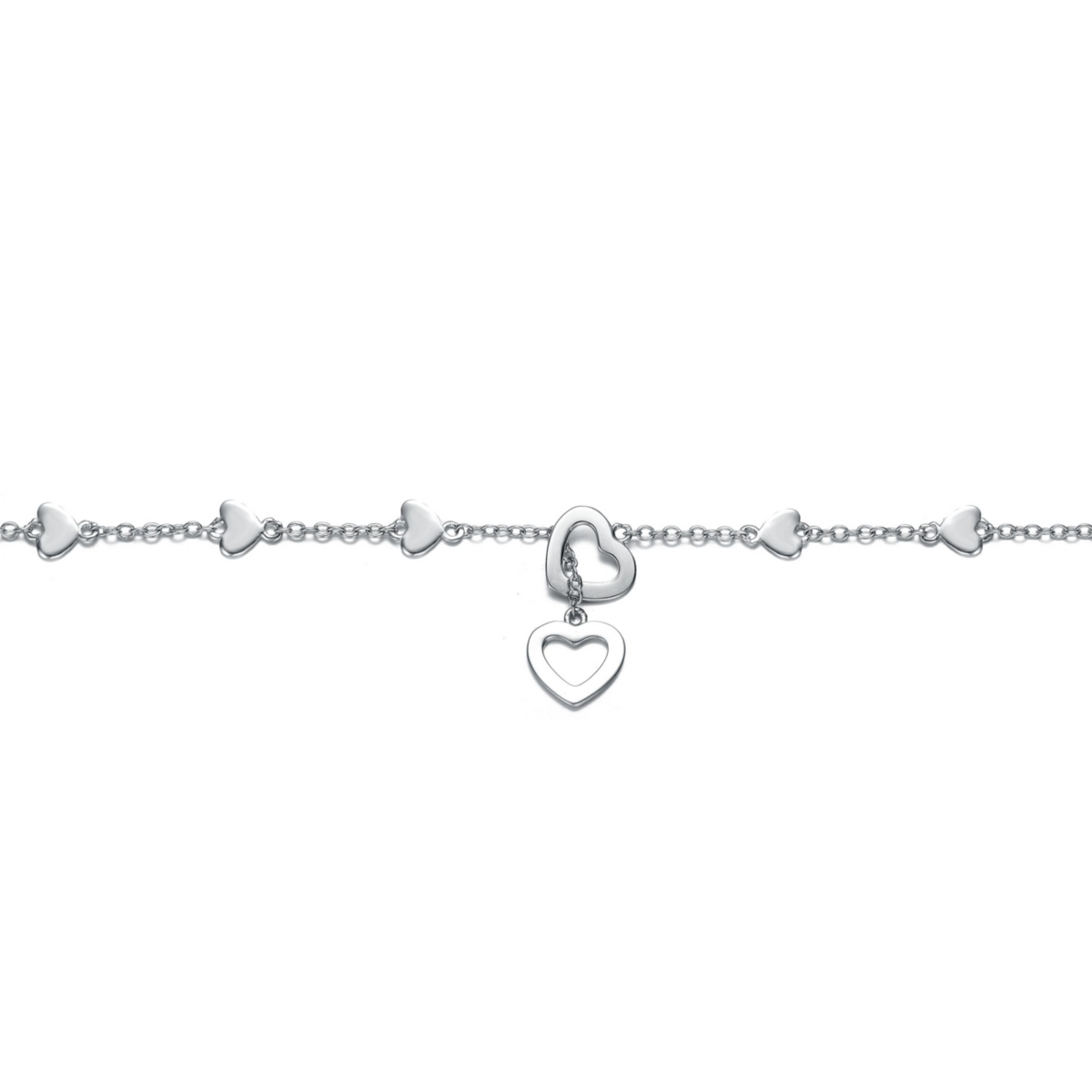 GiGiGirl White Gold Plated Double Halo Heart Dangle Charm Station Bracelet, Adjustable in Length
