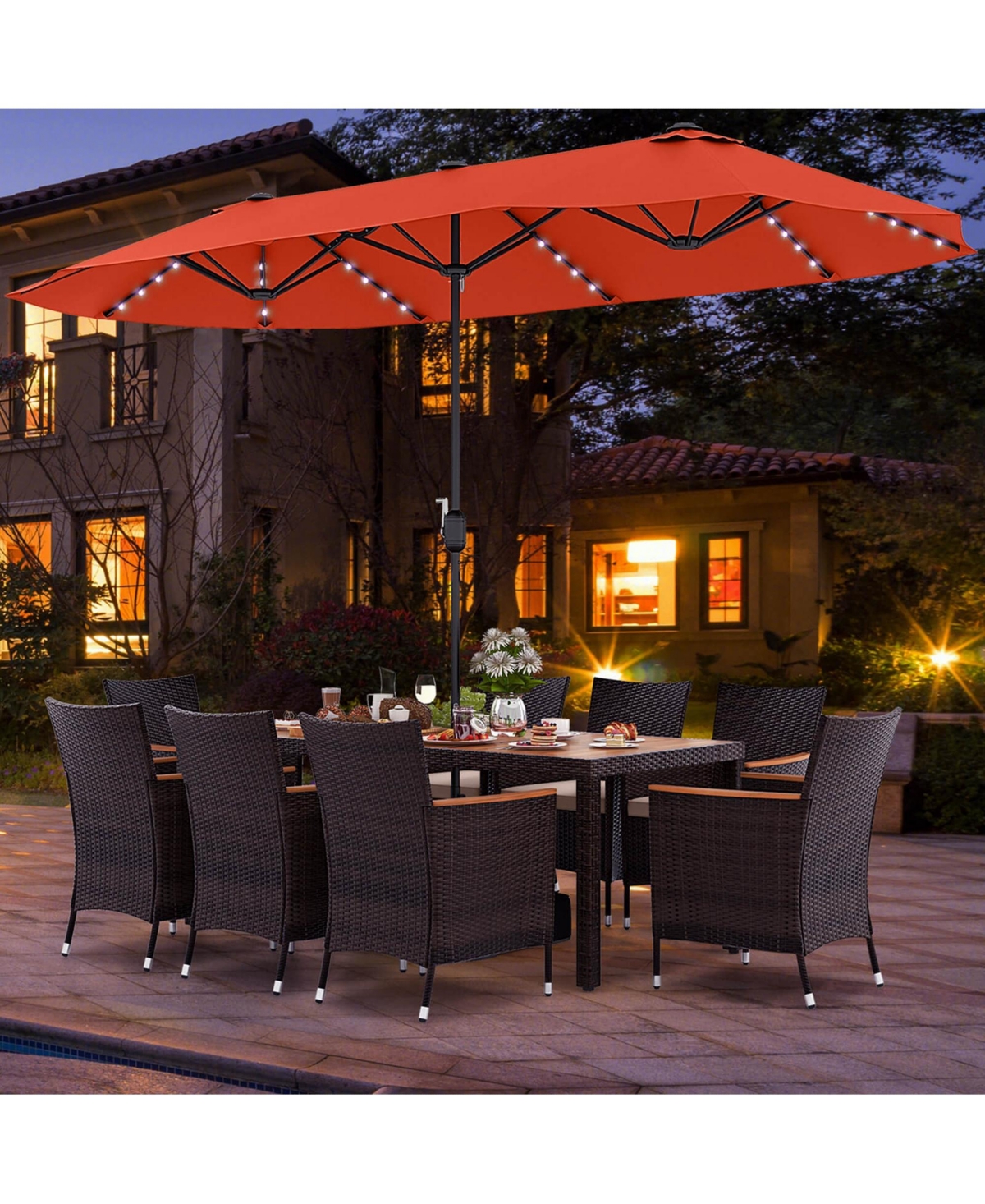 11 Pcs Patio Dining Set with 15ft Double-Sided Umbrella (Base Included)