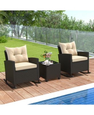 Patio Rattan Roker Chairs with Tempered Glass Table and Soft Cushions