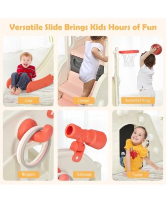 6-In-1 Large Slide for Kids Toddler Climber Slide Playset w/ Basketball Hoop