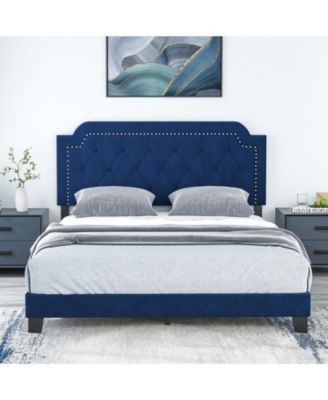 Queen Size Velvet Platform Bed with Button Tufted and Nailhead Trim Headboard