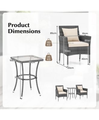 3 Pieces Patio Furniture Set with Cushioned Patio Chairs and Tempered Glass Coffee Table-White