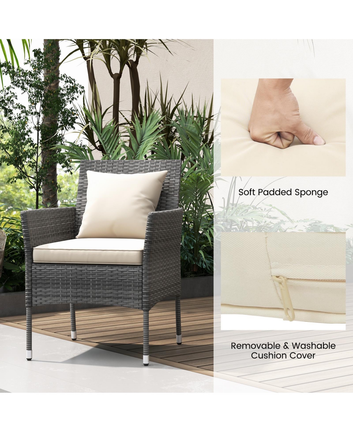 Vebreda 3 Pieces Patio Furniture Set with Cushioned Patio Chairs and Tempered Glass Coffee Table- White