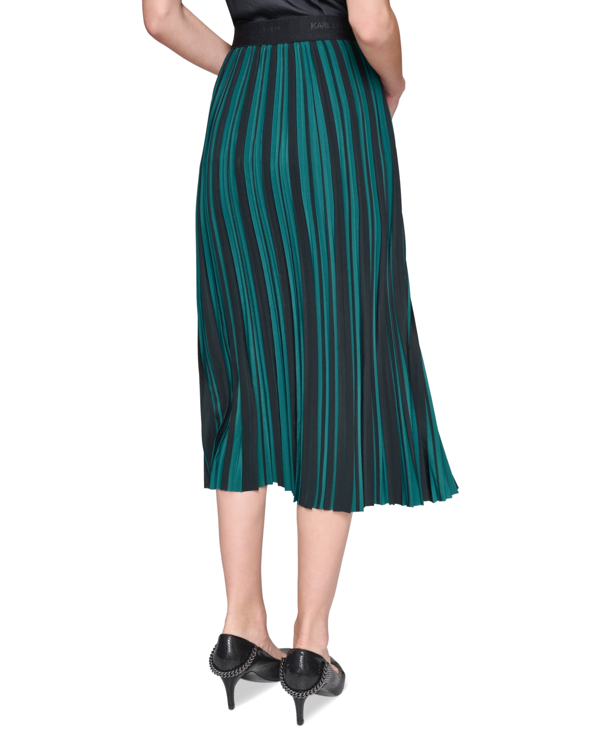 Karl Lagerfeld Paris Women's Striped Pleated Midi Skirt - Black  Green