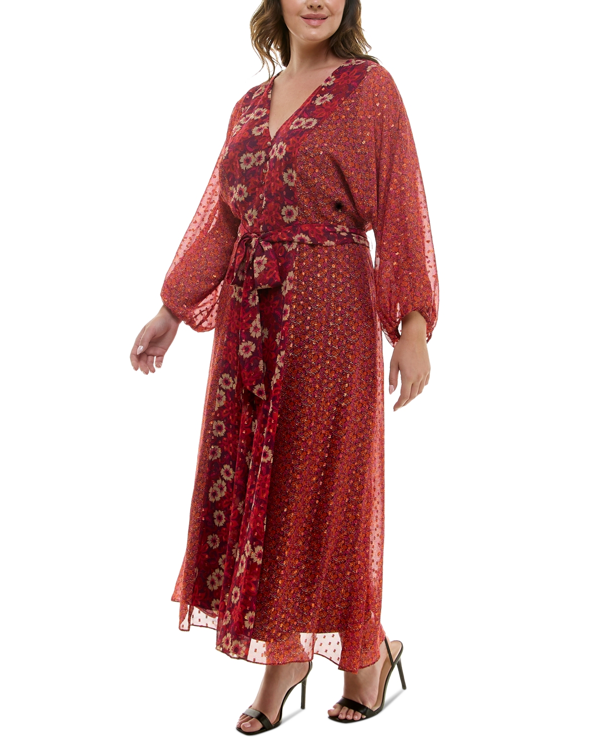 Taylor Plus Size Floral Chiffon Tie-Waist Maxi Dress