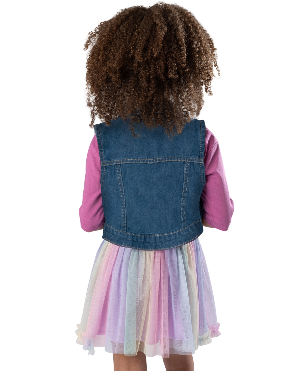 Shop Rare Editions Little Girls One-piece Mesh Skirt Dress With Denim Vest, 2-pieces In Raspberry