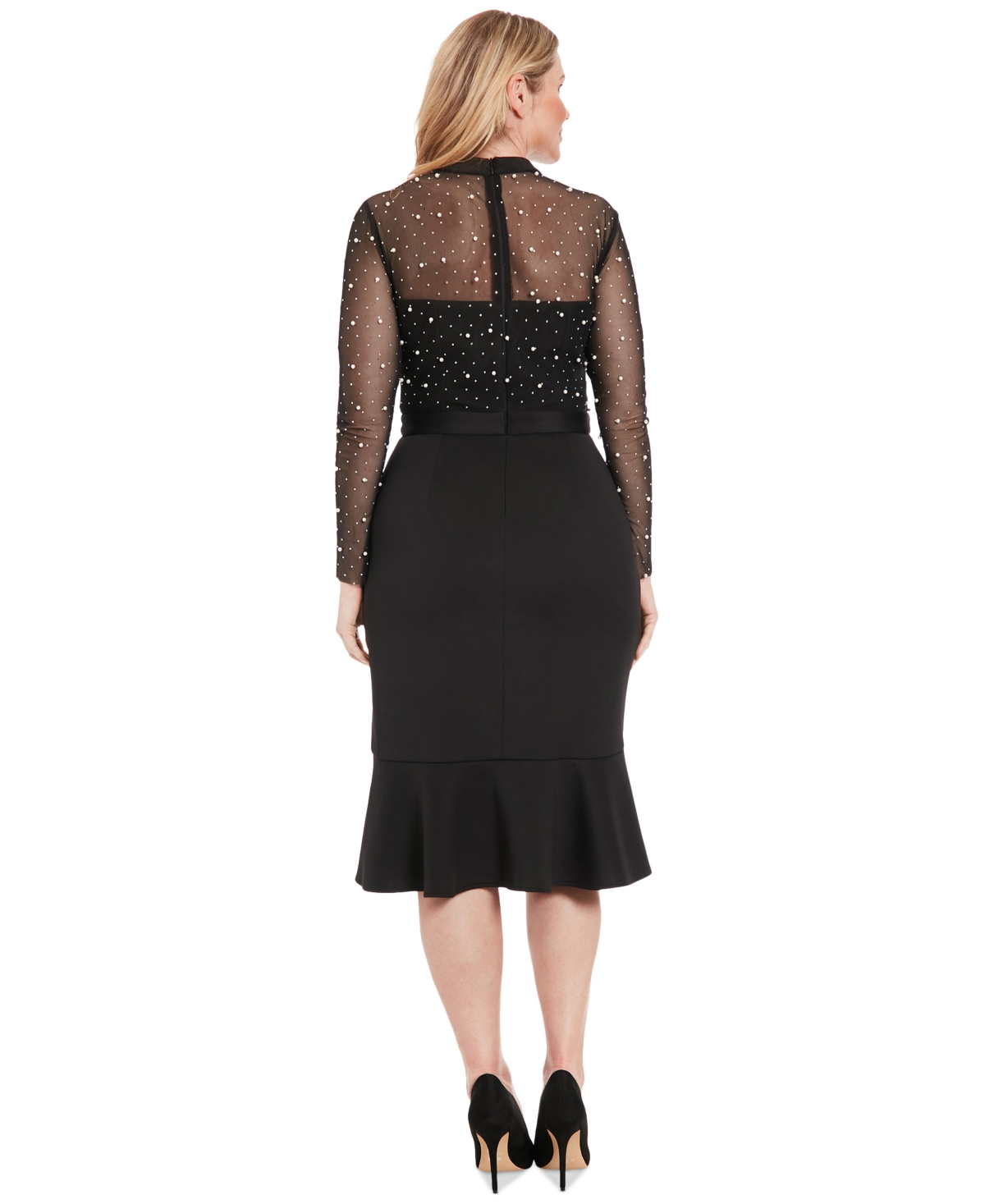 London Times Plus Size Beaded Illusion Mock-neck Midi Dress In Black