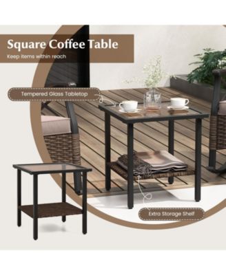 3 Pieces Outdoor Rattan Rocking Chairs Set with  2-Tier Side Table