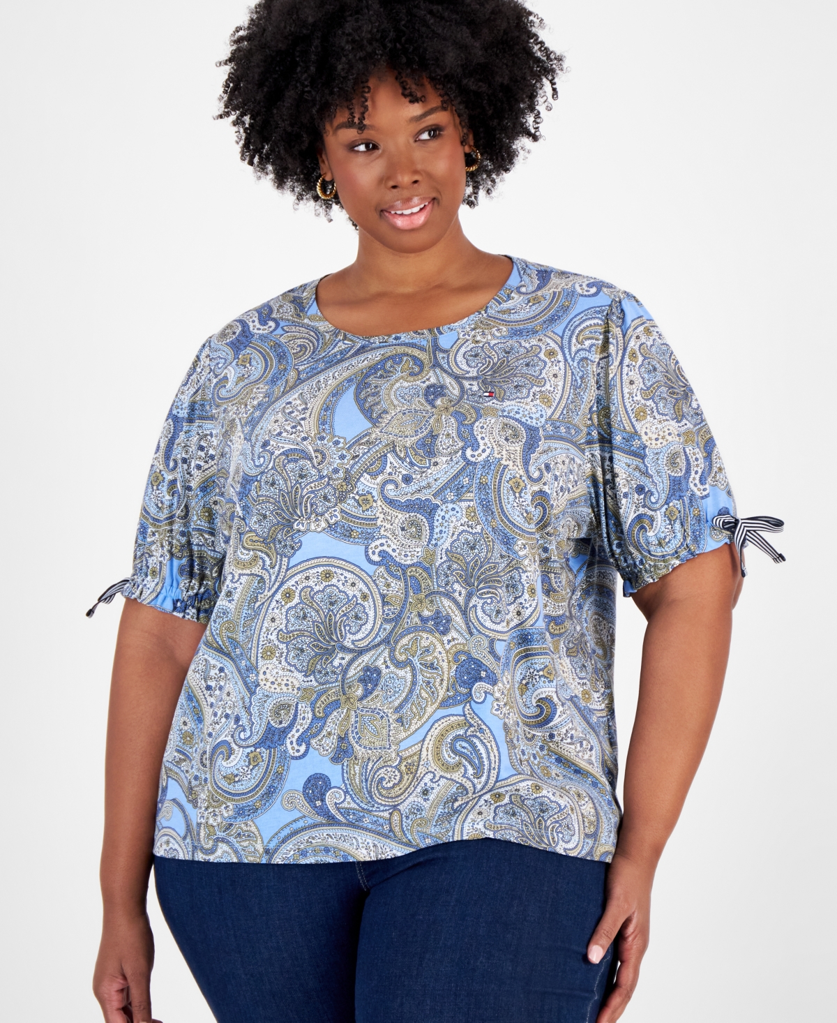 Plus Size Paisley-Print Tie-Sleeve Top - Abundant Green Multi
