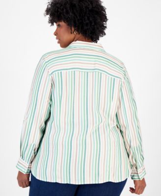 Plus Size Striped Roll-Tab Shirt