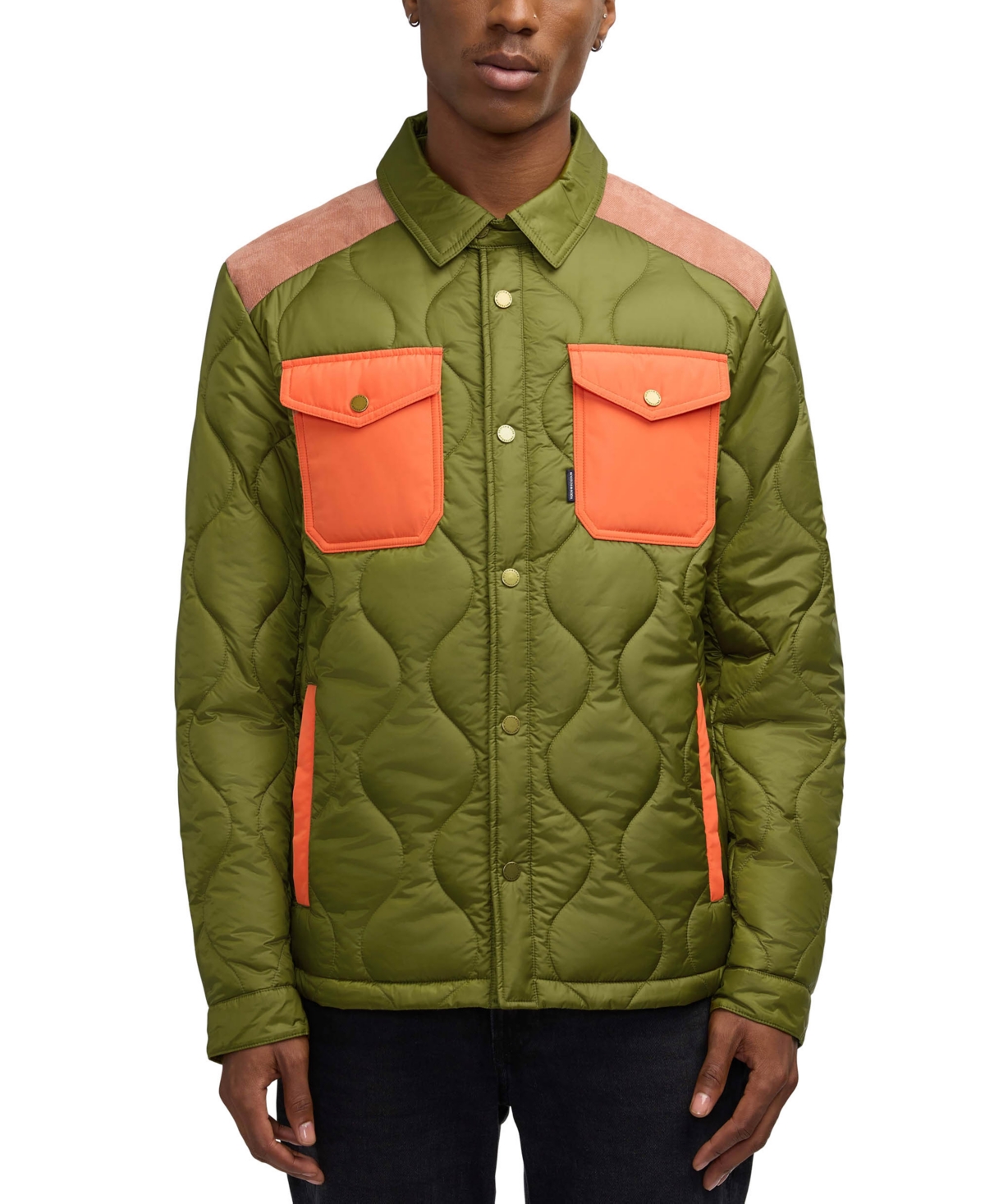 Ivik Padded Colorblocked Snap Front Shirt Jacket In Moss