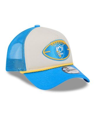 Men's Stone/Powder Blue Los Angeles Chargers 2024 Sideline Historic 9FORTY A-Frame Trucker Adjustable Hat