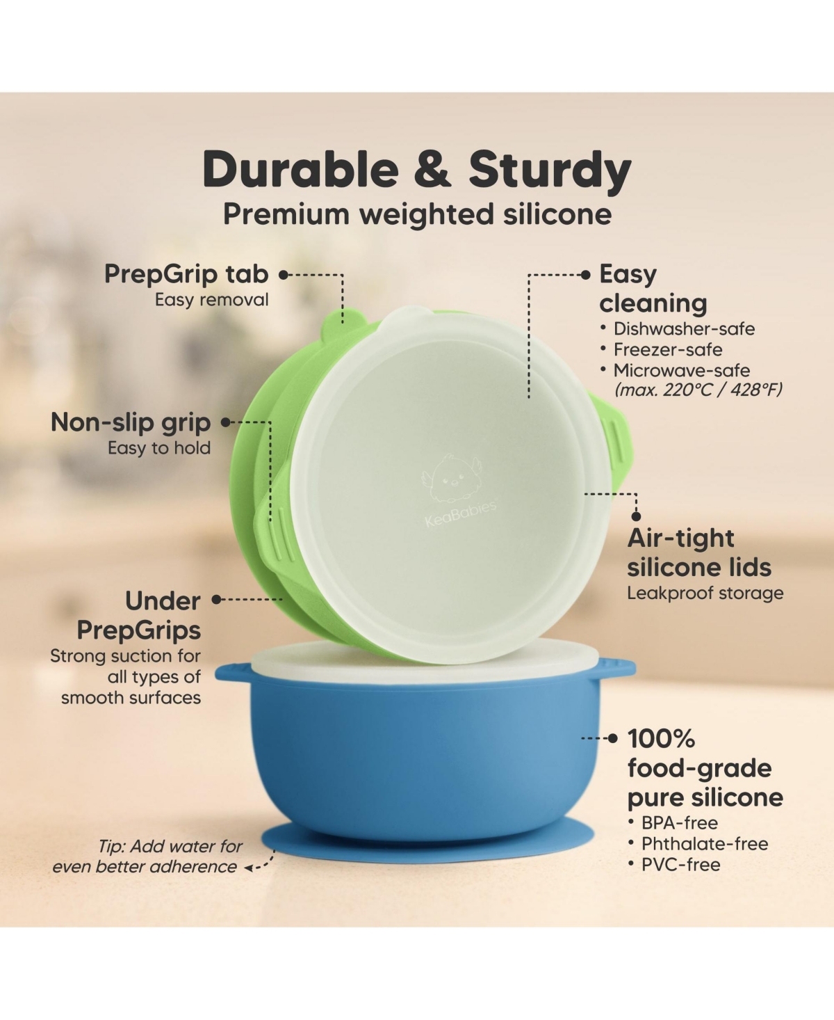 KeaBabies 2-Pack Prep Baby Bowls with Suctions & Lids, Silicone Bowls for Baby Boy, Girl, Toddler Suction Bowl, Kids Bowl Bpa-Free