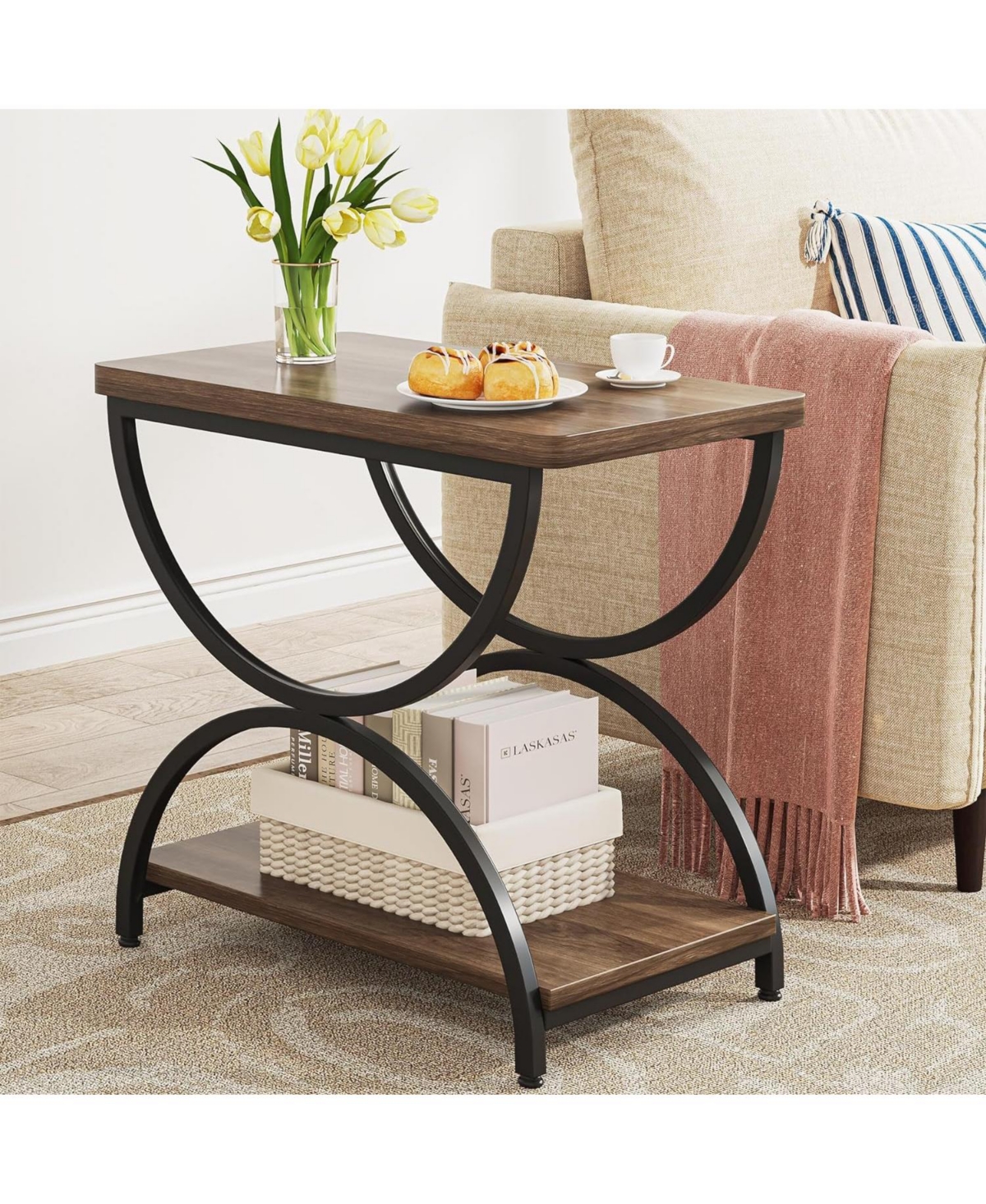 Tribesigns 2-Tier End Side Table with Stylish Metal Frame, Set Of 2, Vintage Rectangular Bedside Nightstand for Bedroom - Brown and black