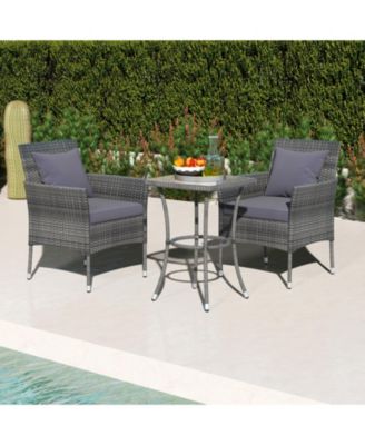 3 Pieces Patio Furniture Set with Cushioned Patio Chairs and Tempered Glass Coffee Table-Gray