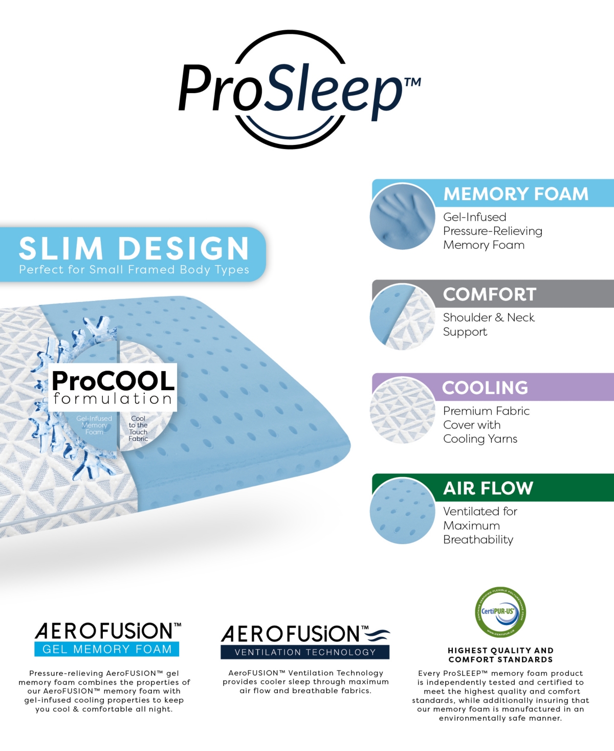 Prosleep Cool Comfort Memory Foam Low-profile Pillow, Oversized, Exclusively At Macy's In White