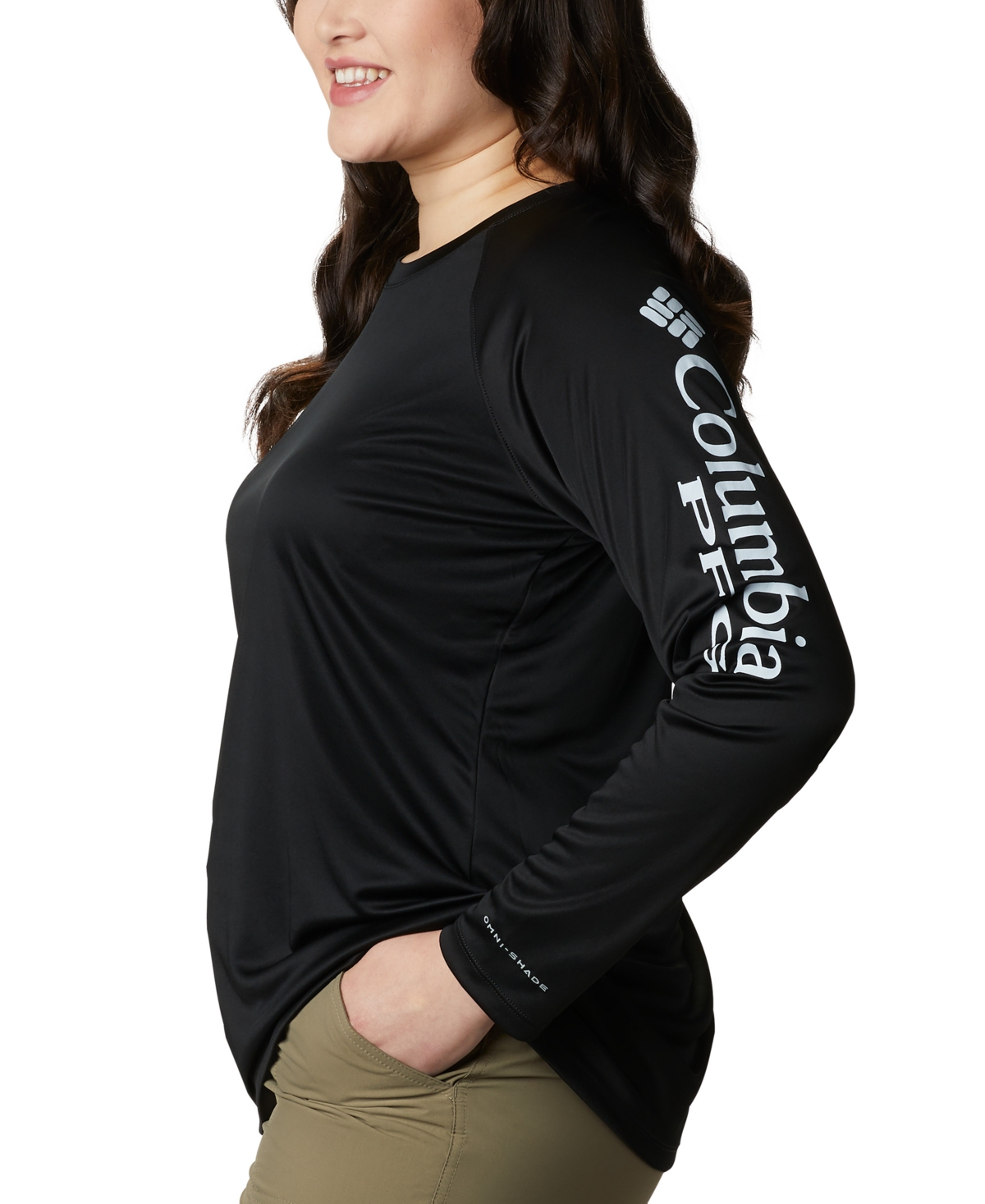 Columbia Plus Size Pfg Tidal Tee Ii Omni-shade T-shirt In Black,cirrus Grey Logo