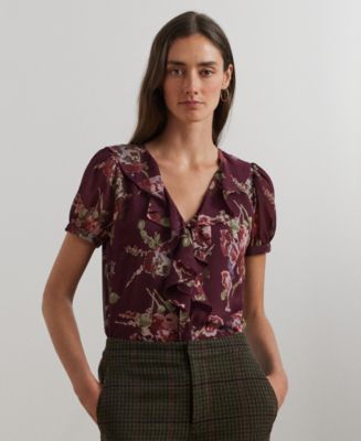 Ralph Lauren Women's Crinkle Georgette Puff Sleeve Shirt Brown Size X-Large