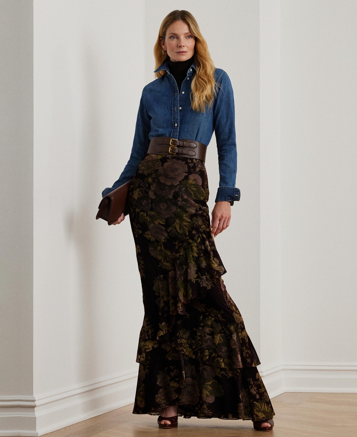 Lauren Ralph Lauren Women's Floral Burnout Velvet Tiered Maxiskirt