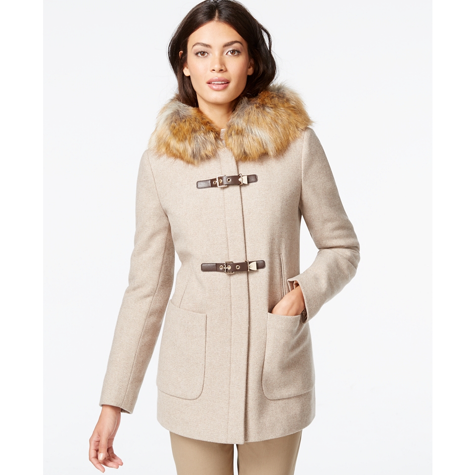 Calvin Klein Petite Faux Fur Trim Buckled Coat